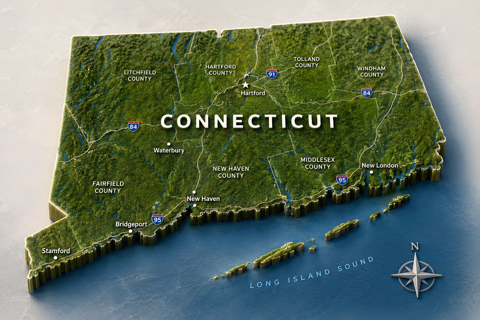 3D map of Connecticut highlighting ADU service areas, counties, cities, and major highways.