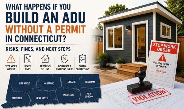 Unpermitted ADU in Connecticut with a stop-work order, violation notice, and permit risk icons