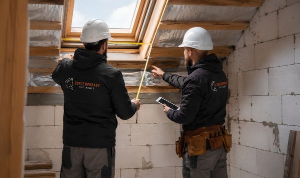 Two ADU construction professionals in hard hats measure and inspect roof framing around a skylight.