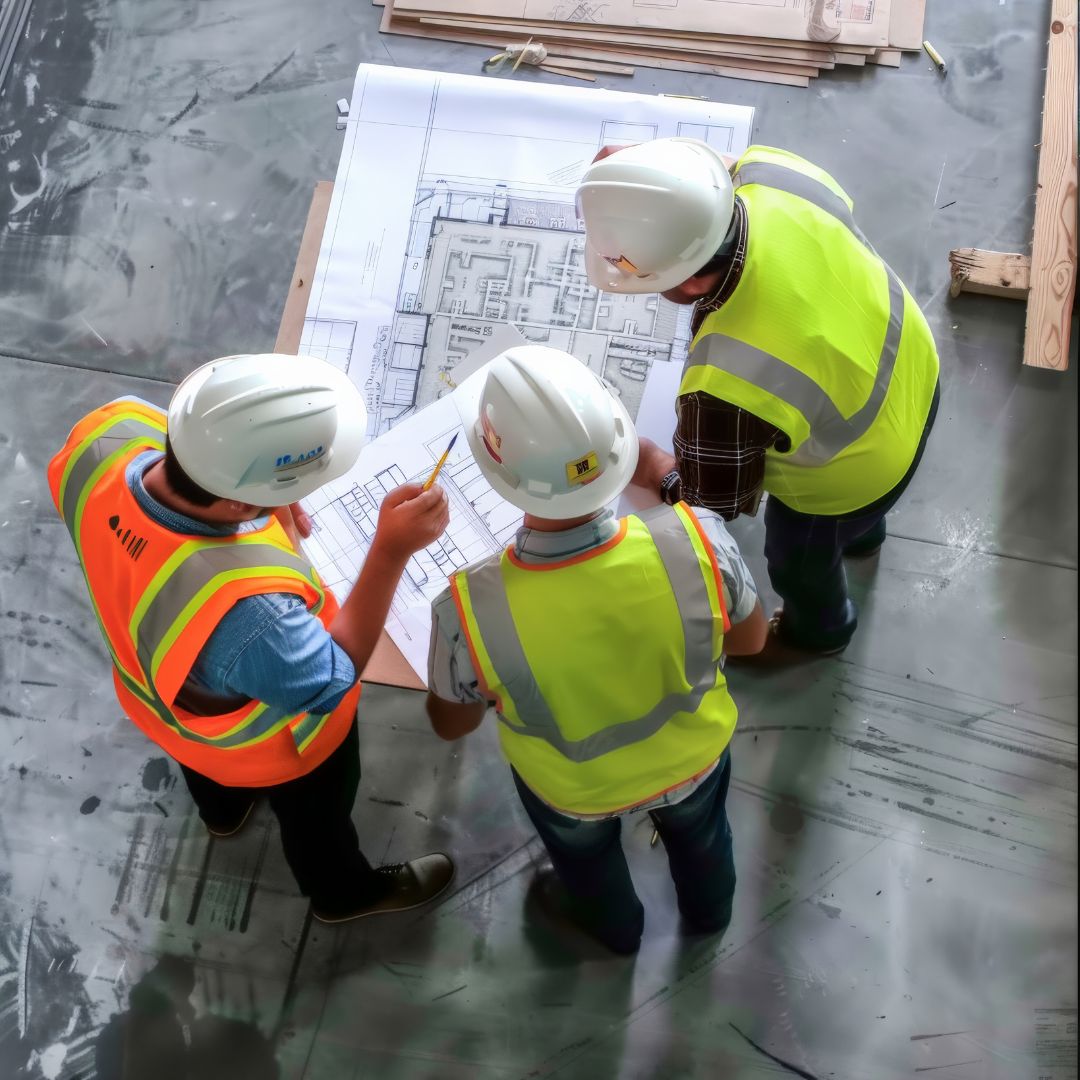 ADU construction team reviewing blueprints together at a job site.