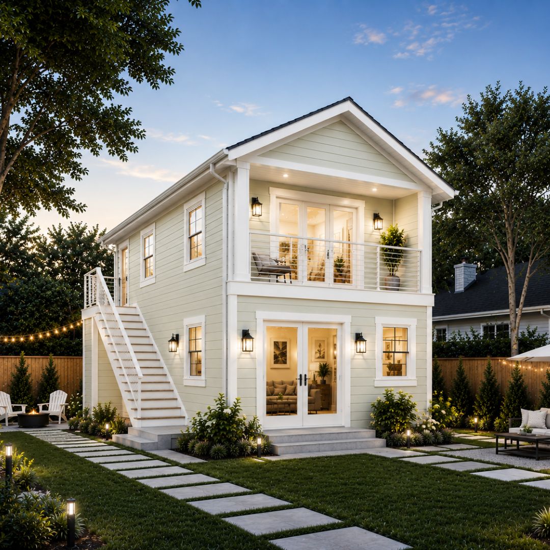Completed two-story ADU with white siding, landscaped walkway, and illuminated windows at dusk.