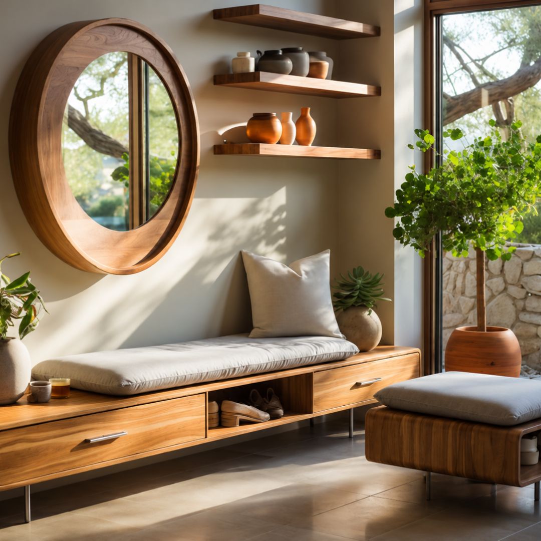 Modern ADU interior design with built-in seating, warm wood finishes, and natural light.