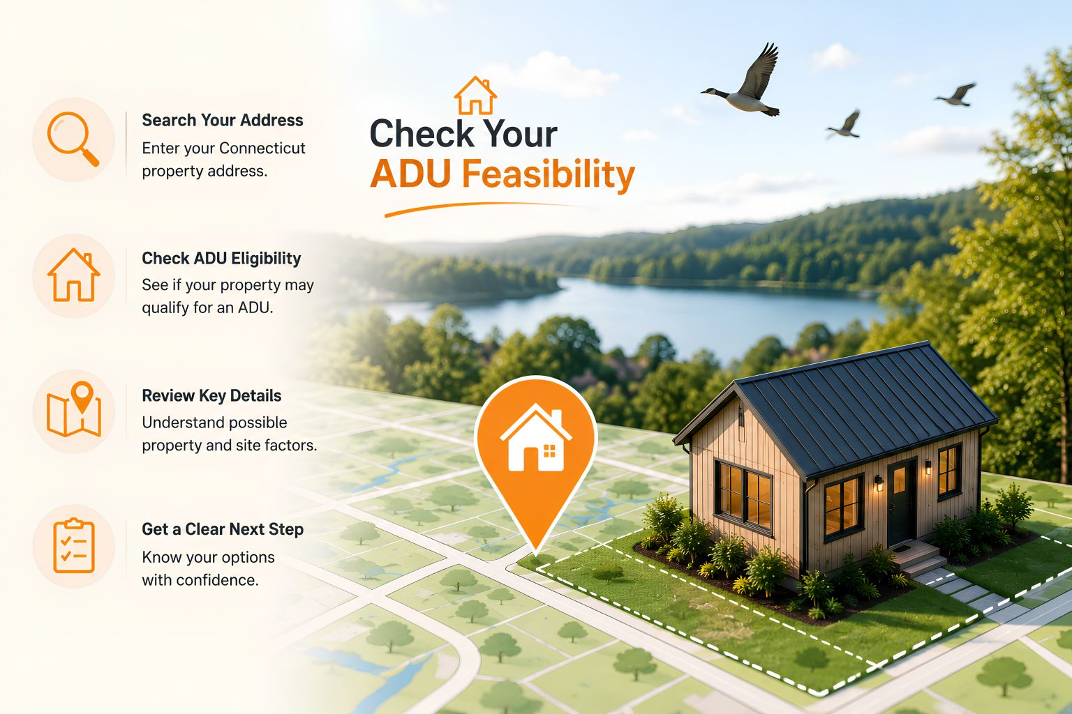 Connecticut ADU feasibility graphic showing address search, eligibility review, property details, and a mapped backyard ADU.