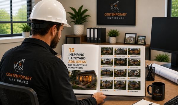 Connecticut ADU builder reviewing 15 inspiring backyard ADU ideas at a construction site.