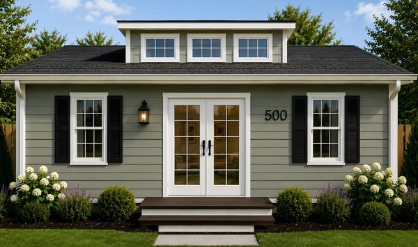 500 sq ft backyard ADU with green siding in Connecticut