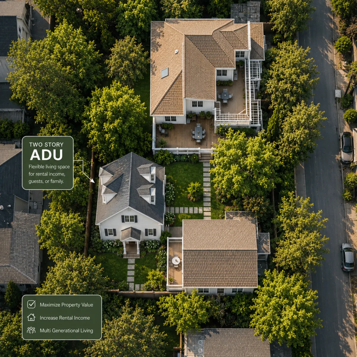 Aerial view of a tree-lined Connecticut property with a two-story ADU, shared yard, patios, and nearby homes, highlighting flexible living and rental-income potential.