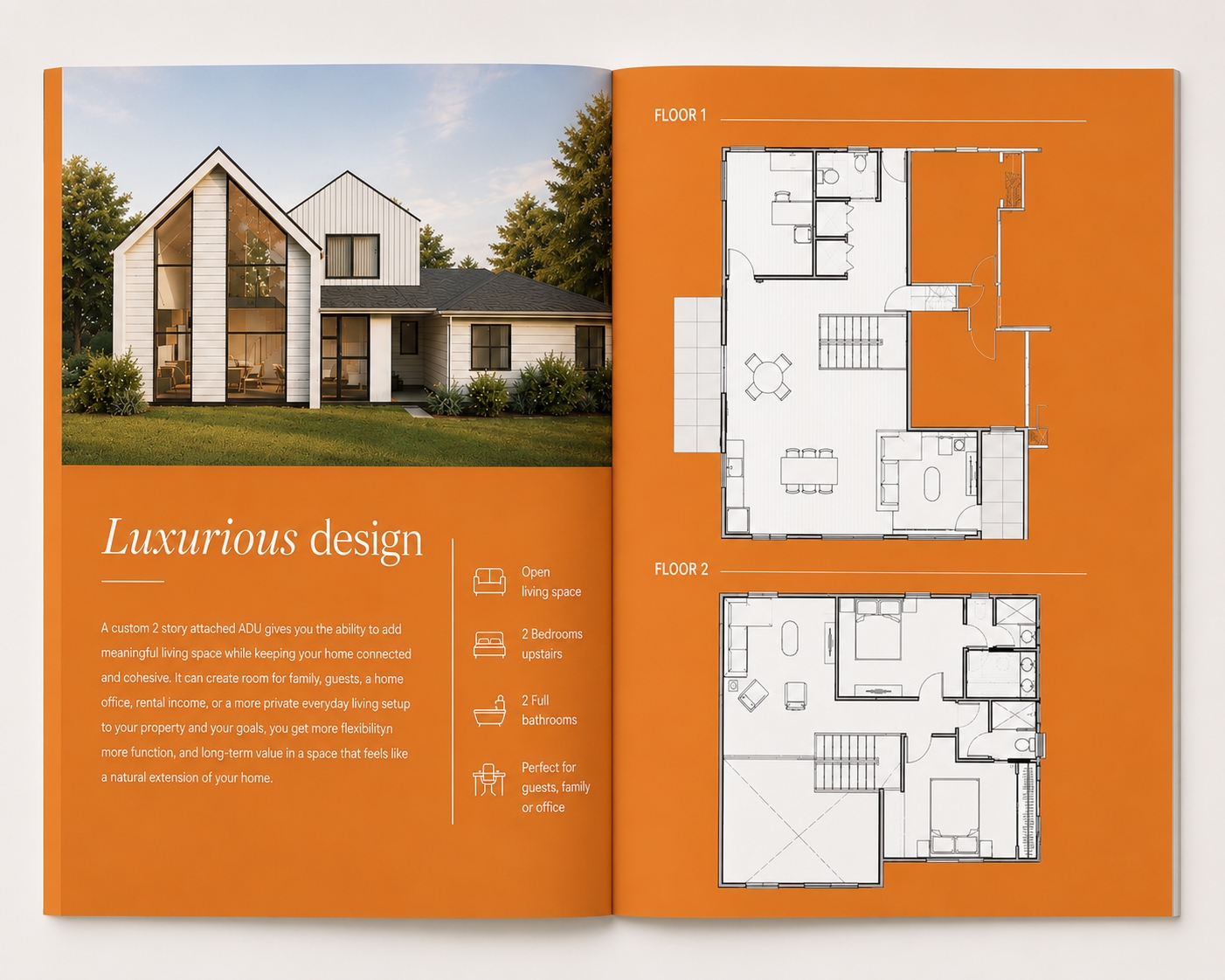 Open brochure showing a modern two-story attached ADU exterior, first- and second-floor plans, two bedrooms, two bathrooms, and flexible living space.