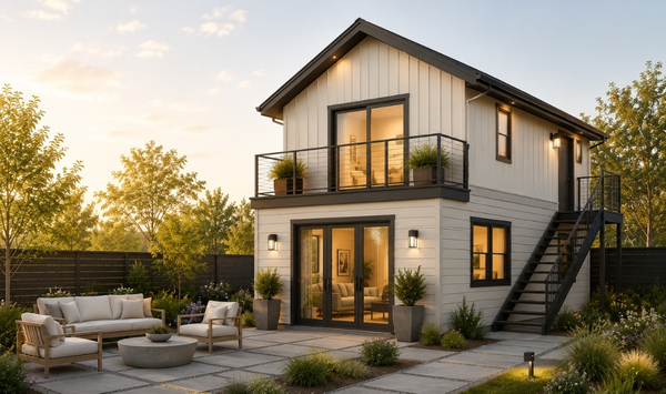 Modern two-story Connecticut ADU with white siding, black trim, an exterior staircase, upper balcony, landscaped patio, and outdoor seating at sunset.
