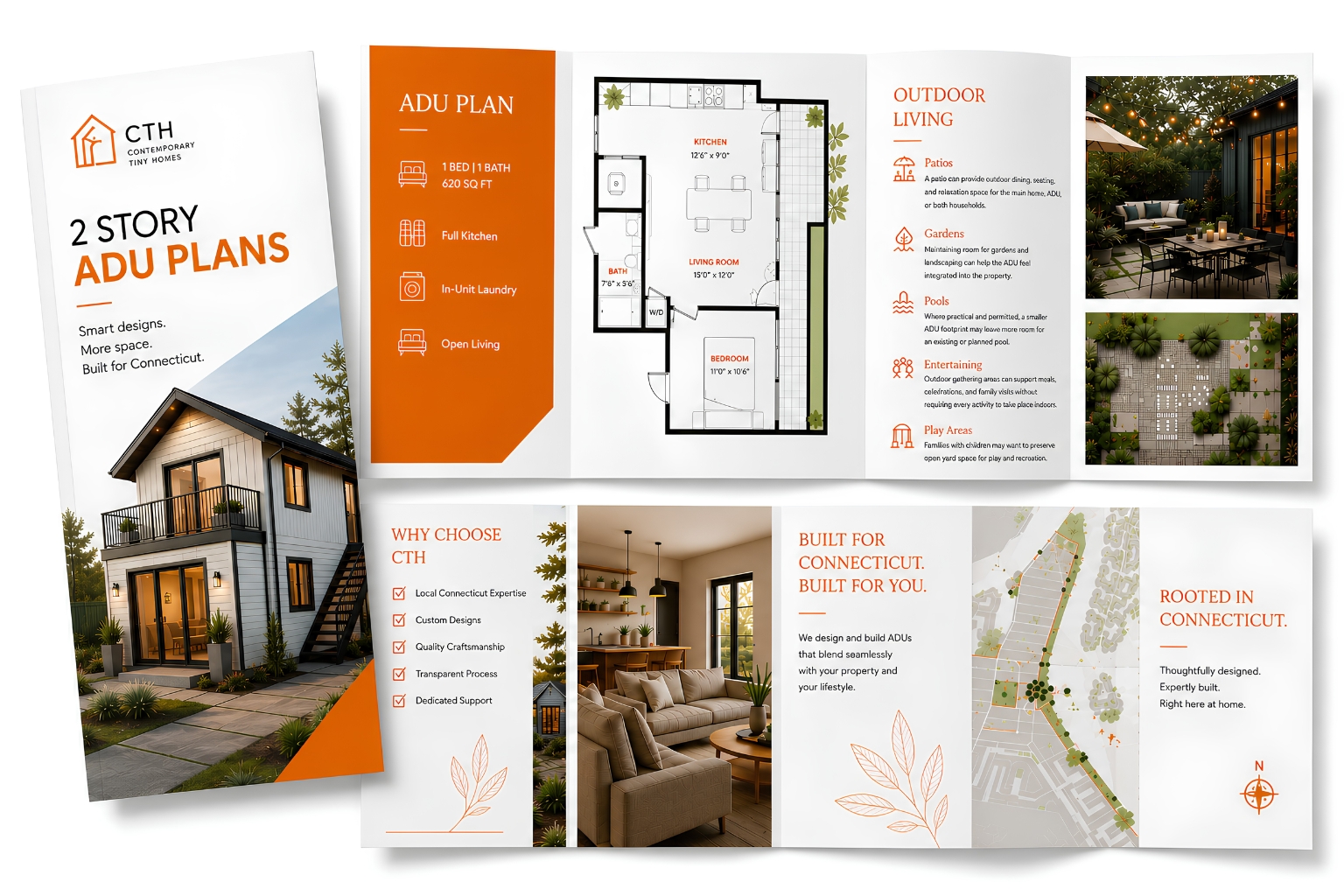 Open CTH Contemporary Tiny Homes brochure featuring a two-story ADU exterior, floor plan, outdoor living photos, Connecticut map, and sections on design benefits and local expertise.