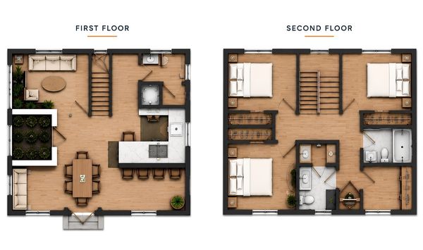 Side-by-side floor plans of a two-story ADU, featuring open living, dining, and kitchen areas downstairs, with three bedrooms and two bathrooms upstairs.