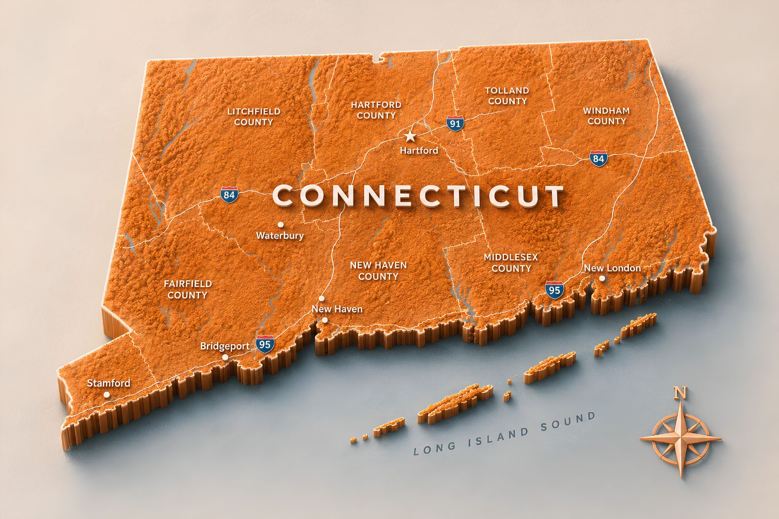 A four-panel comparison graphic showing four 3D isometric maps of Connecticut in different tangerine-inspired color palettes. Each panel features the state as a raised relief map with county boundaries, major city labels, interstate shields, coastal islands, the label “Long Island Sound,” and a compass rose. The four versions are labeled: Option 1 Tangerine, Option 2 Soft Tangerine, Option 3 Deep Tangerine, and Option 4 Tangerine Cream, ranging from bold orange to pale cream-orange tones.