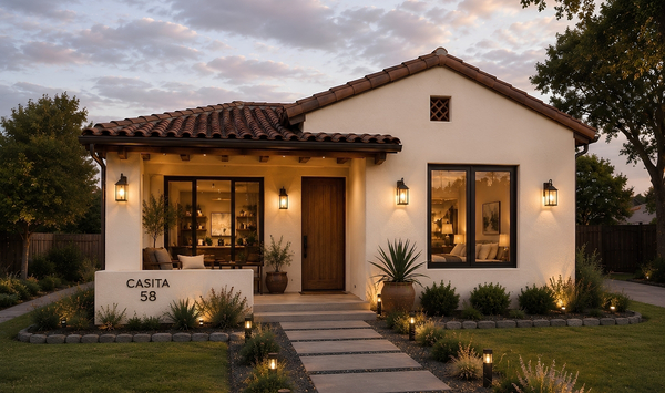 Casita-style accessory dwelling unit with white stucco walls, terracotta tile roof, warm exterior lighting, large windows, and a landscaped front walkway.