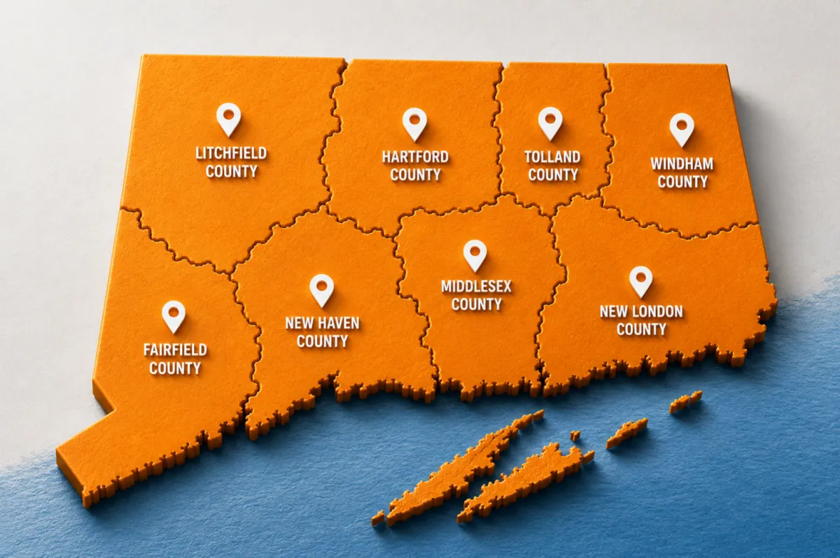 Connecticut service area map for Contemporary Tiny Homes showing counties served, local planning experience, and property-specific review for custom home and ADU projects.