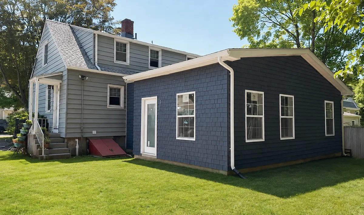 Gray two-story Connecticut home with a dark blue attached ADU addition, bright green lawn, and mature trees on a sunny day.