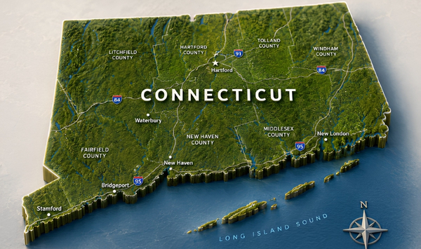 3D map of Connecticut highlighting counties, major cities, and highways, representing statewide ADU service coverage across Connecticut.
