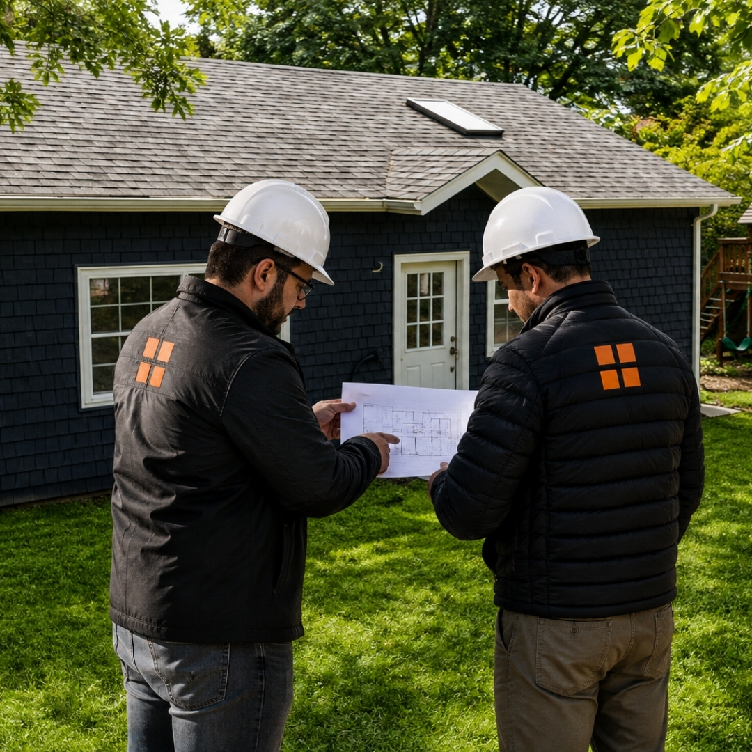 Two construction professionals in hard hats reviewing ADU plans beside a dark-sided backyard ADU during the design and construction process.