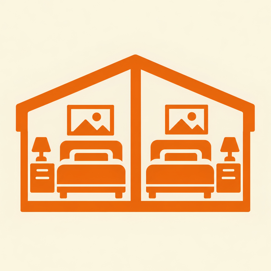 Orange ADU icon showing a residential structure with two garage-style bays, representing a converted or flexible ADU living space.