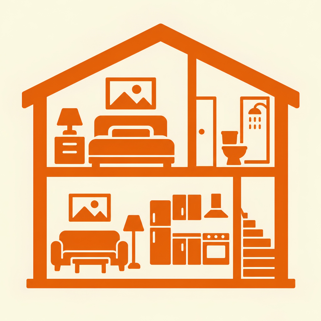 Orange two-story ADU icon showing vehicles on the lower level and living space above, representing an ADU built over a garage.