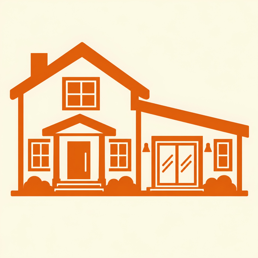 Orange icon showing a main house connected to a smaller ADU, representing an accessory dwelling unit added to an existing residential property.