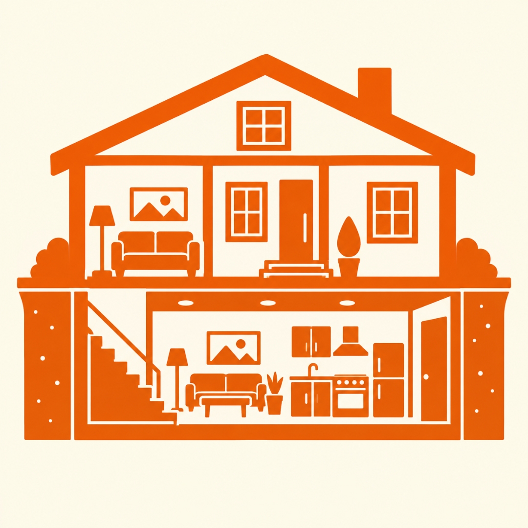 Orange basement conversion icon showing a home with a finished lower level, representing a basement ADU with independent living space.