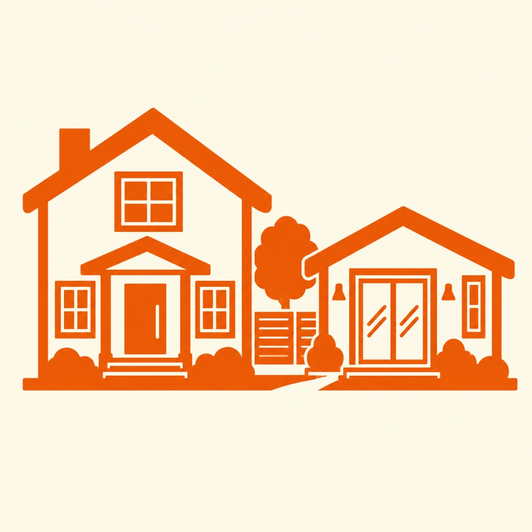 Orange icon showing a main home beside a smaller ADU, representing an accessory dwelling unit added to a residential property.