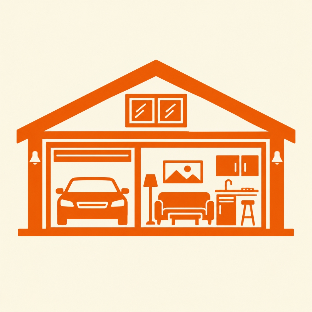 Orange garage conversion icon showing a garage adapted into living space, representing a garage conversion ADU.