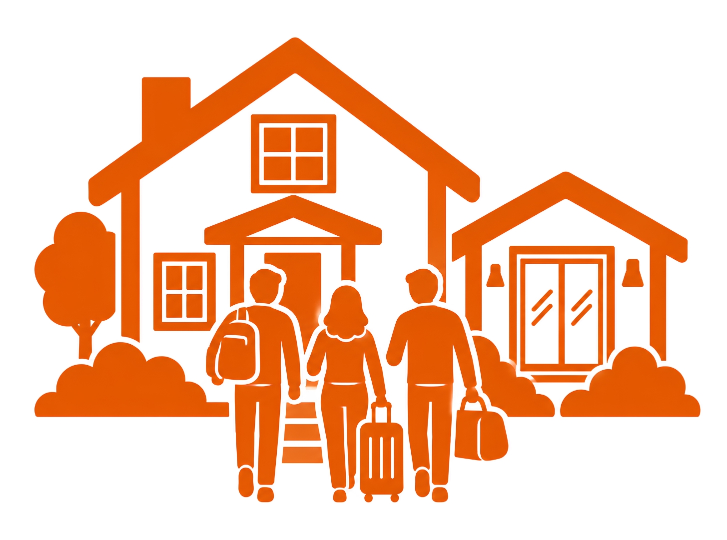 Orange multigenerational living icon showing a family between a main home and a separate ADU, representing flexible family housing and independent living.