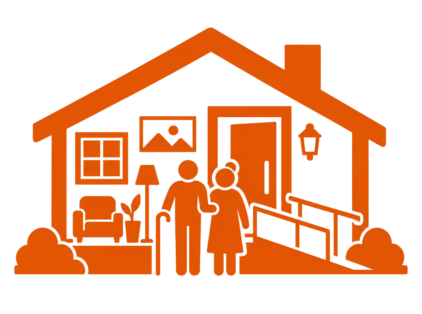 Orange ADU icon showing a family outside a backyard accessory dwelling unit with home and outdoor living features.