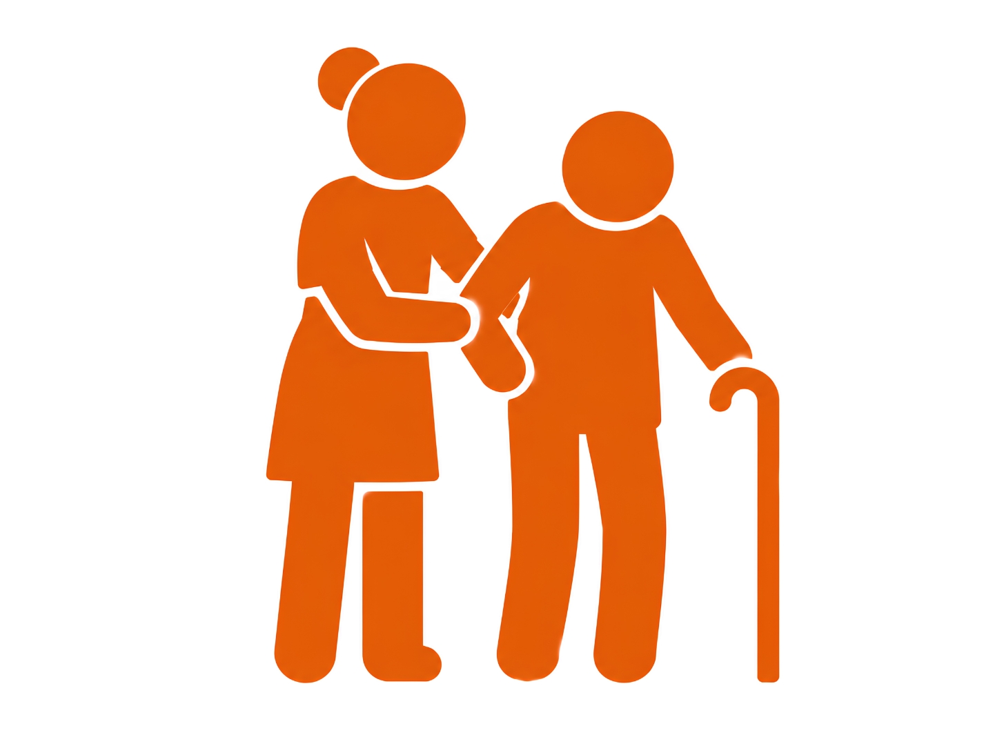 Orange senior care icon showing an older adult with a cane supported by a caregiver, representing an ADU for aging in place or multigenerational living.