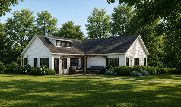 White single-story ADU with black shutters, an attached garage, covered entry, and a spacious green lawn surrounded by mature trees.
