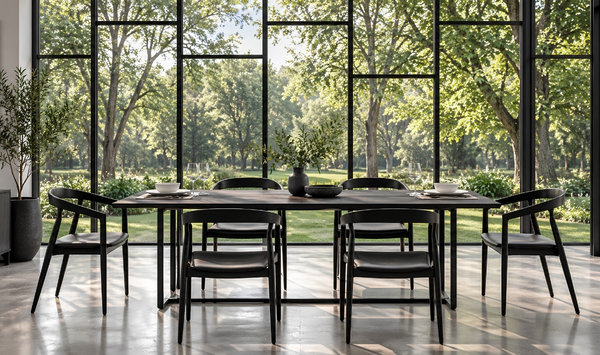 Modern ADU dining area with a black table and chairs, floor-to-ceiling windows, and peaceful views of mature trees and a green landscape.