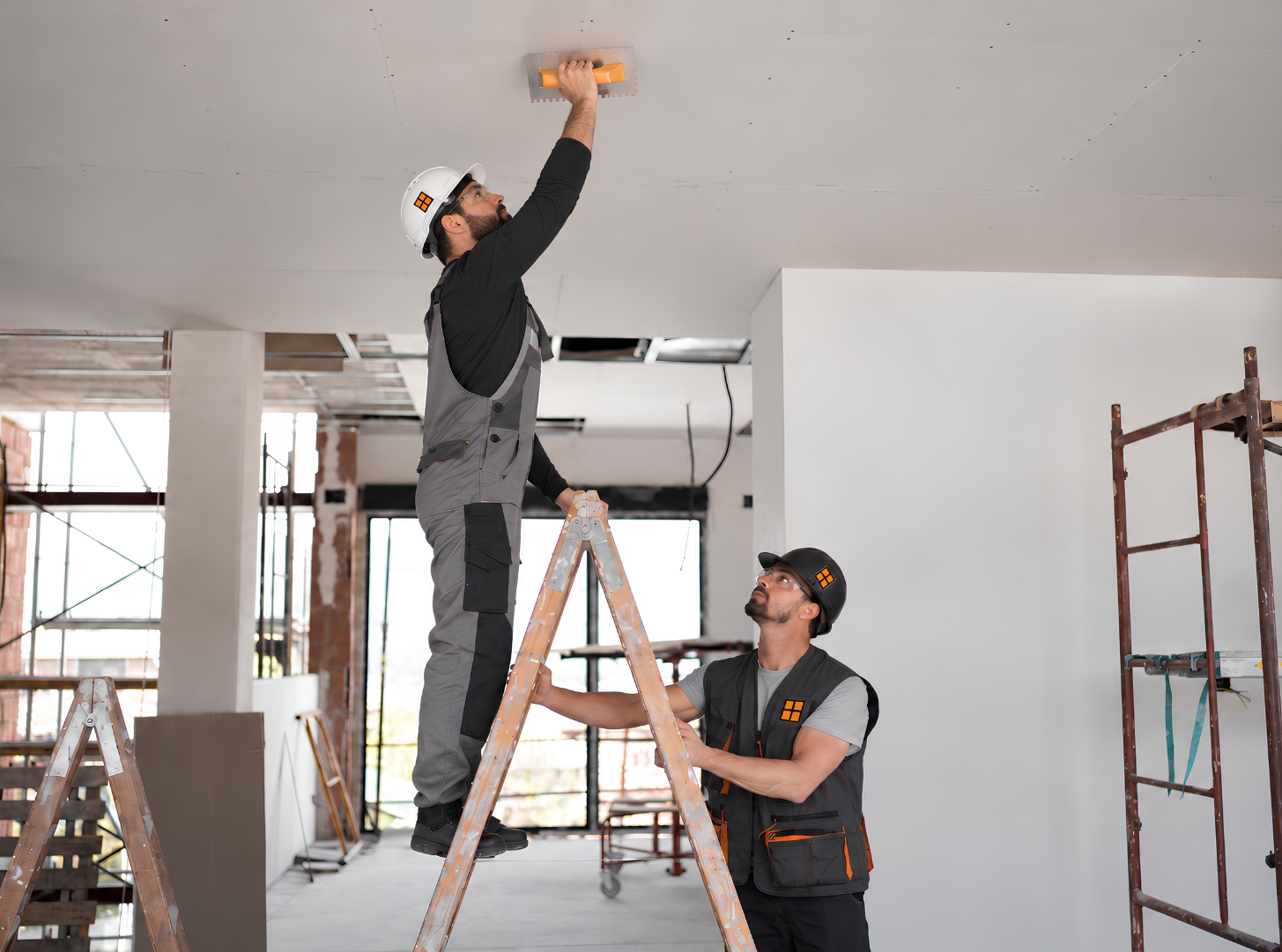 Two construction professionals installing ceiling finishes inside an ADU during the interior construction phase.