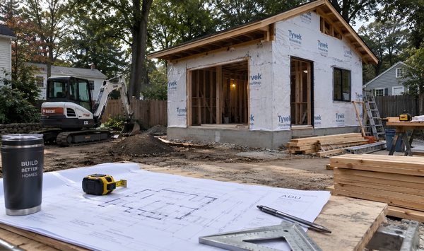 ADU under construction in Connecticut with building plans, lumber, tools, and excavation equipment on site.