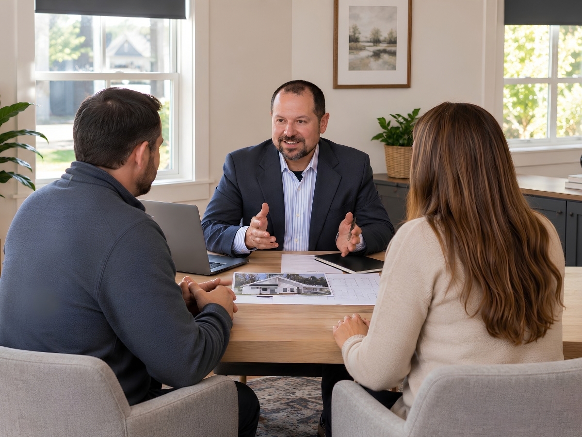 ADU consultant meeting with a couple at a table to discuss Connecticut accessory dwelling unit plans and design options.