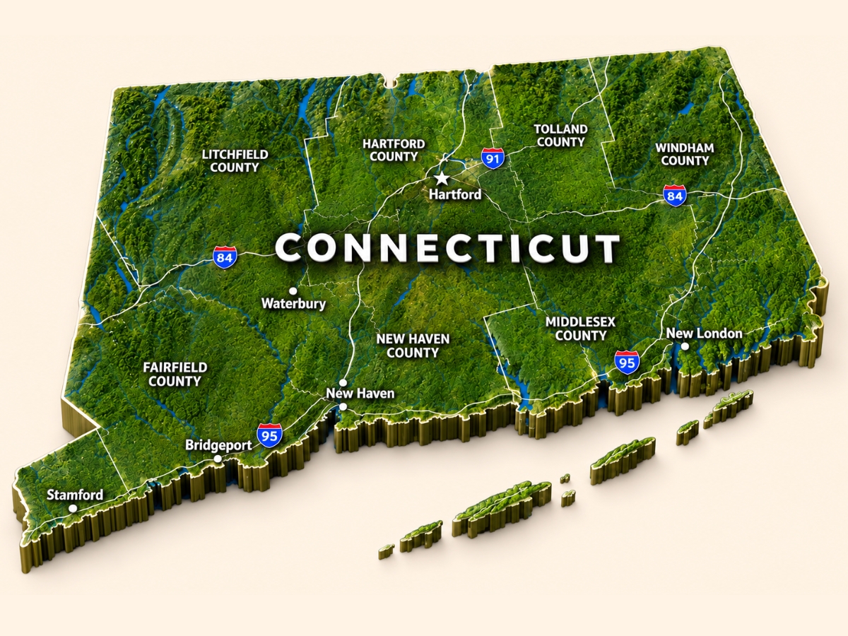 3D map of Connecticut showing counties, major cities, highways, and geographic regions across the state.