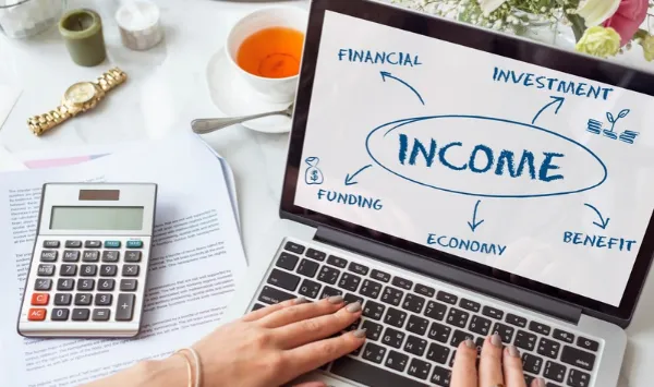 Person using a laptop and calculator to review income, investment, and financial planning information. 