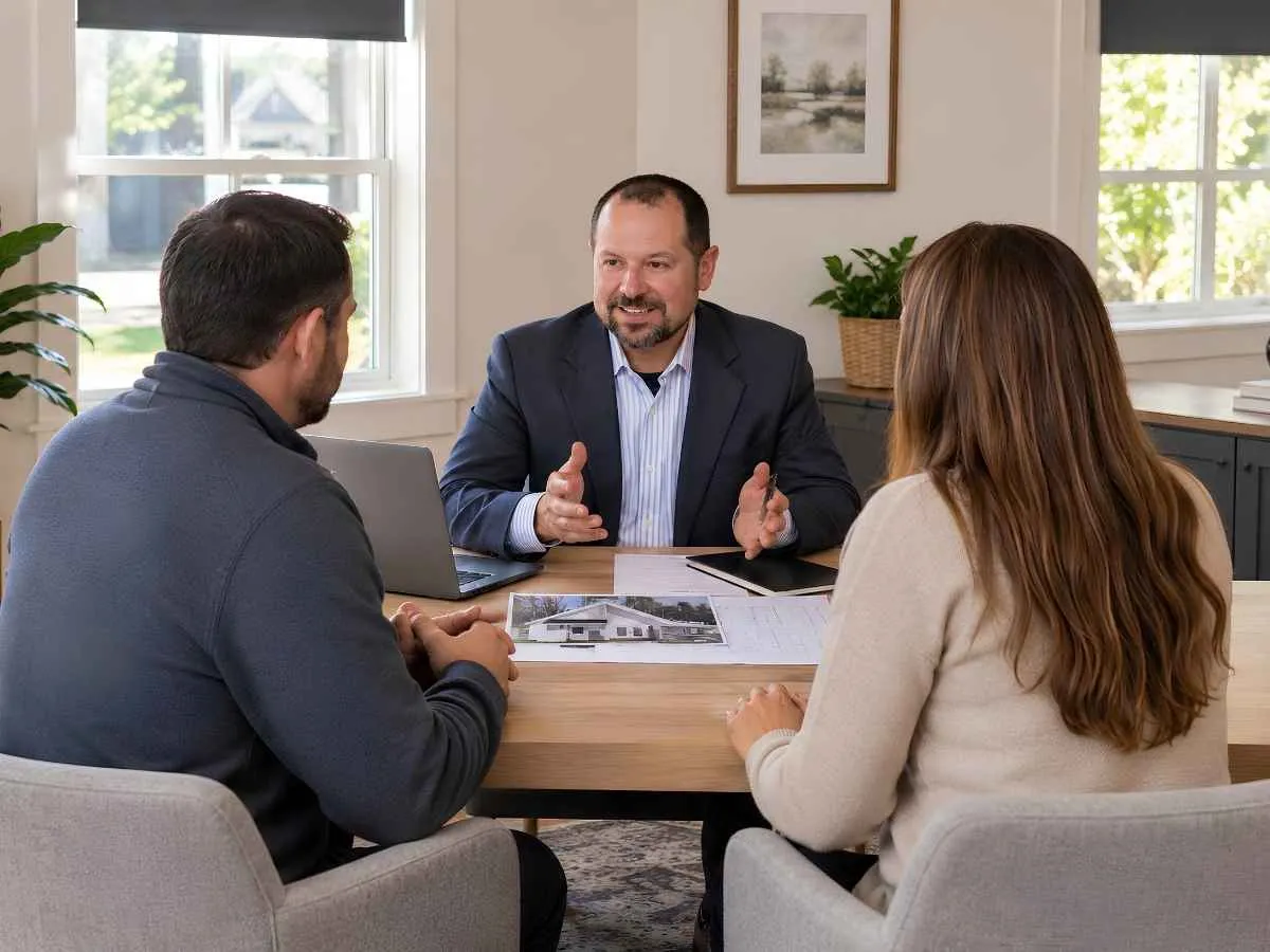 ADU consultant meeting with a couple at a table to discuss Connecticut accessory dwelling unit plans and design options.