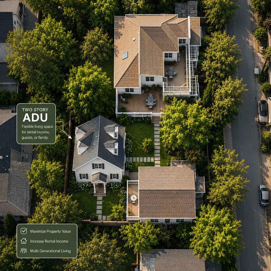 Aerial view of a tree-lined Connecticut property with a two-story ADU, shared yard, patios, and nearby homes, highlighting flexible living and rental-income potential.