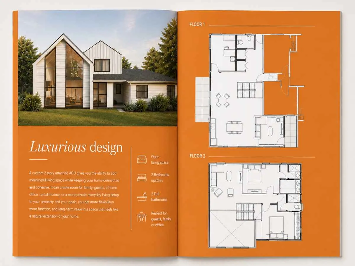 Open brochure showing a modern two-story attached ADU exterior, first- and second-floor plans, two bedrooms, two bathrooms, and flexible living space.
