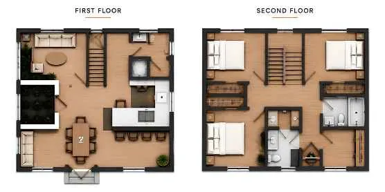 Side-by-side floor plans of a two-story ADU, featuring open living, dining, and kitchen areas downstairs, with three bedrooms and two bathrooms upstairs.
