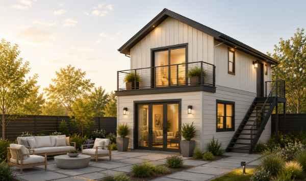 Modern two-story Connecticut ADU with white siding, black trim, an exterior staircase, upper balcony, landscaped patio, and outdoor seating at sunset.