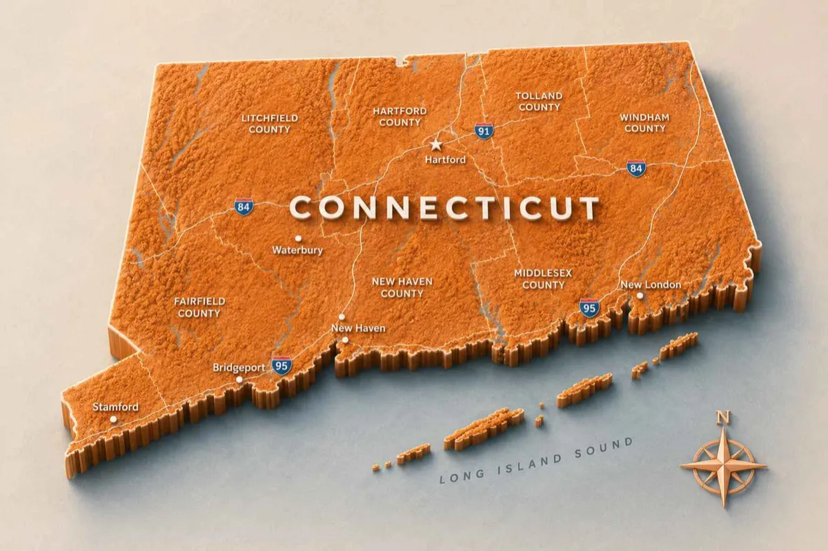 A four-panel comparison graphic showing four 3D isometric maps of Connecticut in different tangerine-inspired color palettes. Each panel features the state as a raised relief map with county boundaries, major city labels, interstate shields, coastal islands, the label “Long Island Sound,” and a compass rose. The four versions are labeled: Option 1 Tangerine, Option 2 Soft Tangerine, Option 3 Deep Tangerine, and Option 4 Tangerine Cream, ranging from bold orange to pale cream-orange tones.