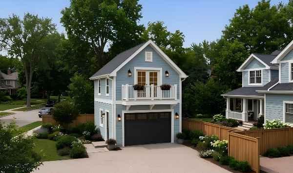 Blue two-story garage ADU with black garage door, upper balcony, flower boxes, and landscaped backyard setting.