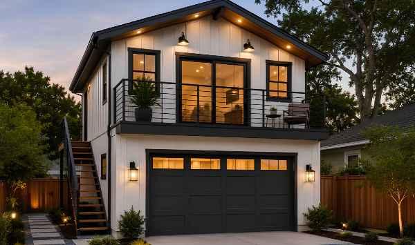 Two-story garage ADU with upper living space, balcony, exterior stairs, and warm lighting above a modern garage.