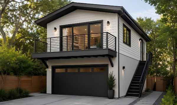 Modern two-story garage ADU with balcony, exterior stairs, and upper living space above a black garage door.
