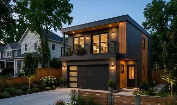 Modern black garage ADU with wood accents, second-floor balcony, warm exterior lighting, and landscaped driveway.