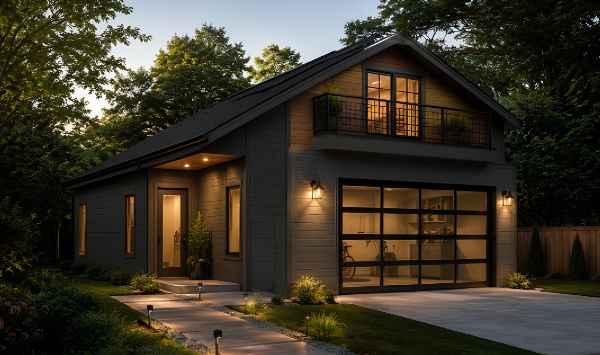 Luxury garage ADU apartment with warm exterior lighting, modern finishes, landscaped walkway, and private upper-level living space.