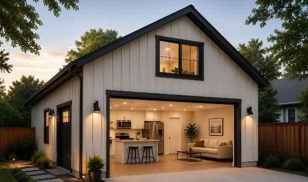 Modern garage ADU apartment with open living area, clean exterior lines, large windows, and warm lighting in a landscaped backyard.