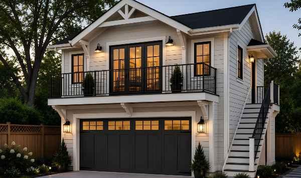Two-story garage ADU with upper living space, balcony, exterior stairs, and modern lighting above a garage.