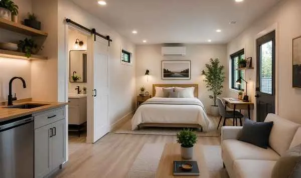 Modern studio garage ADU interior with a bedroom, kitchenette, bathroom, workspace, and living area in an open layout.
